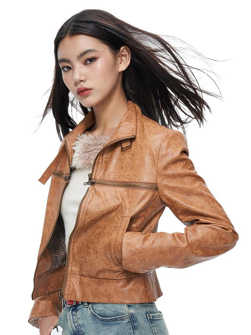 NextPassport MOF Brown Cross Zipper Cropped Slim Fit Women's Pu Leather Jackets