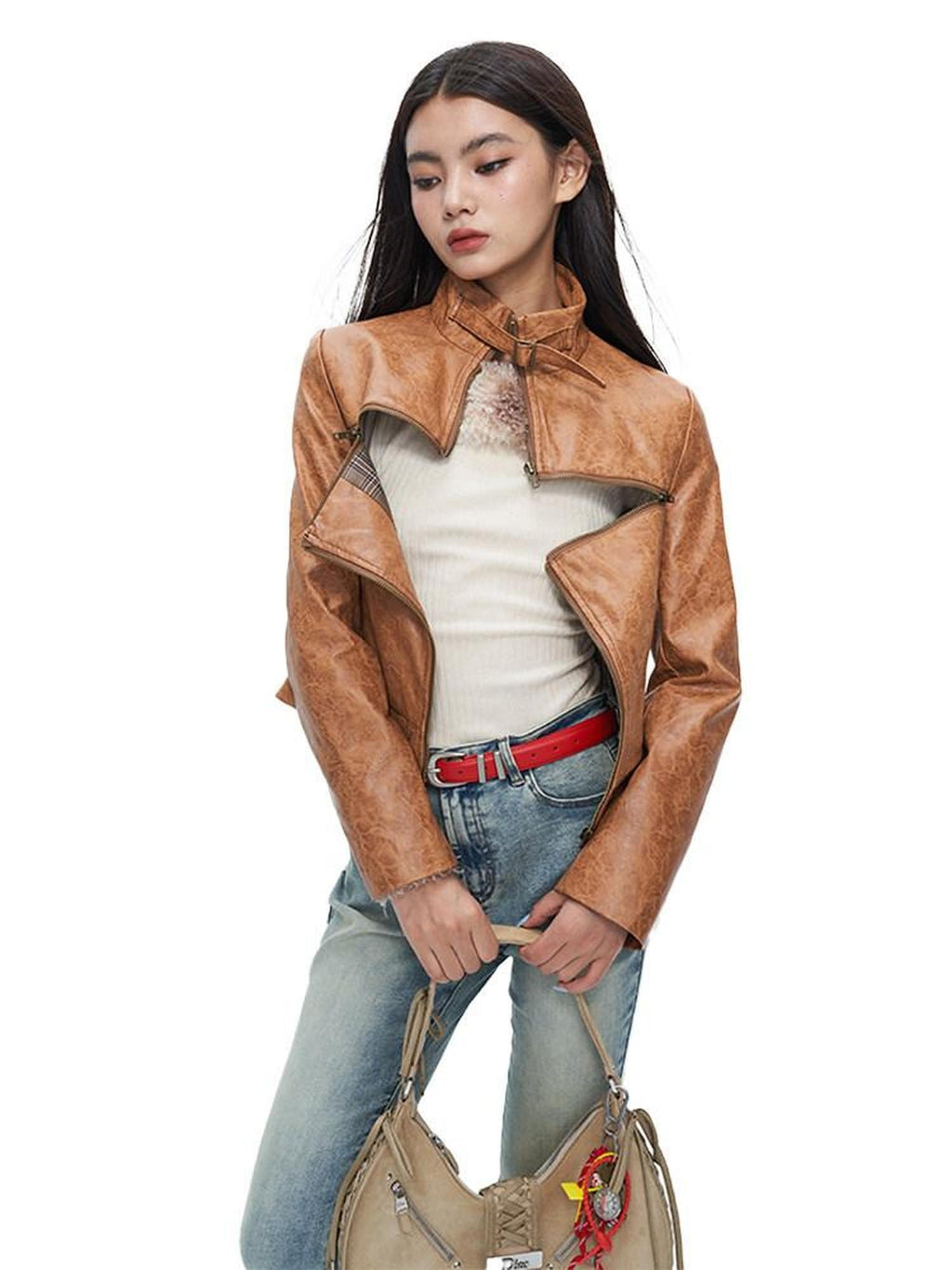 NextPassport MOF Brown Cross Zipper Cropped Slim Fit Women's Pu Leather Jackets