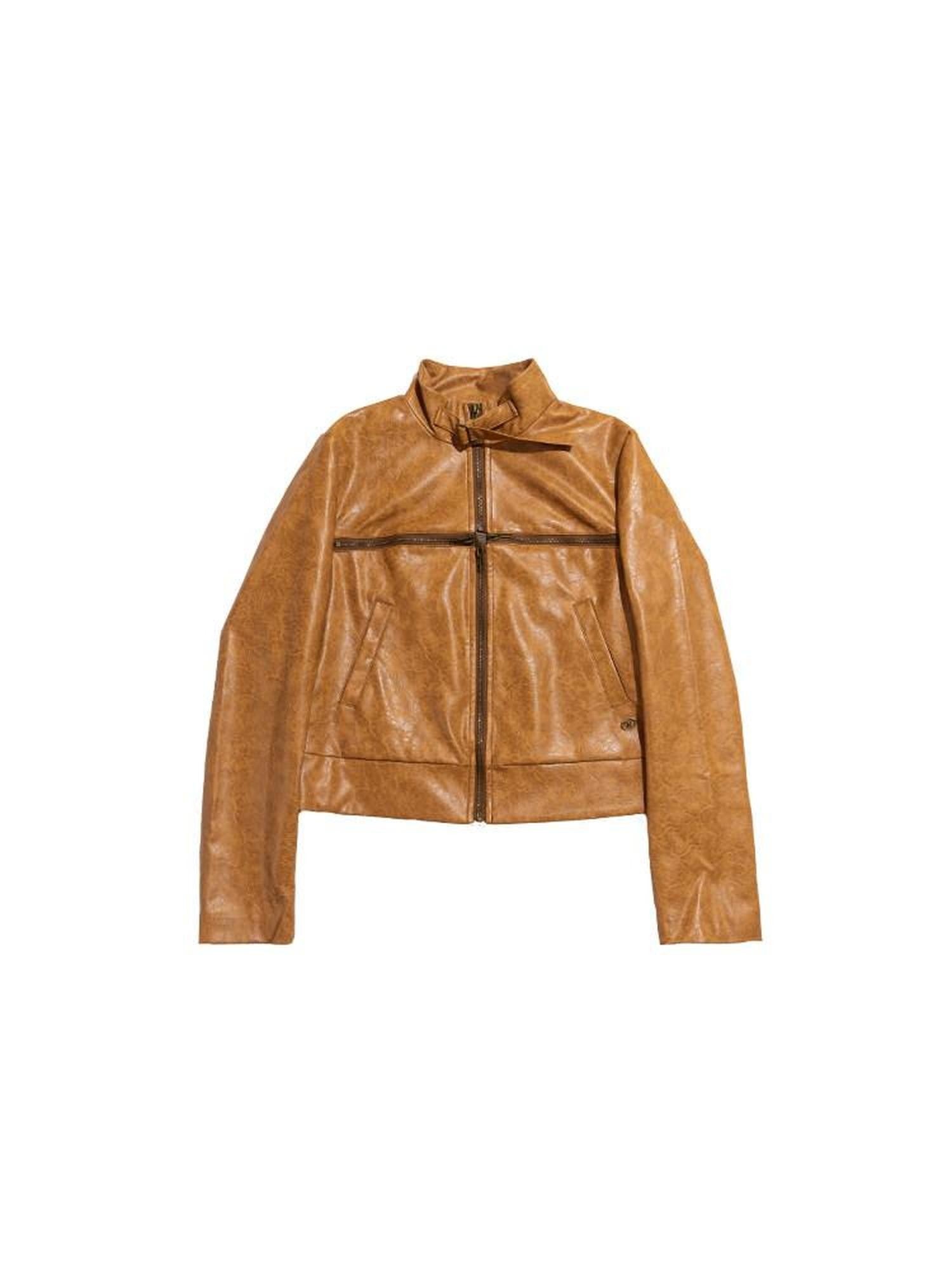 NextPassport MOF Brown Cross Zipper Cropped Slim Fit Women's Pu Leather Jackets