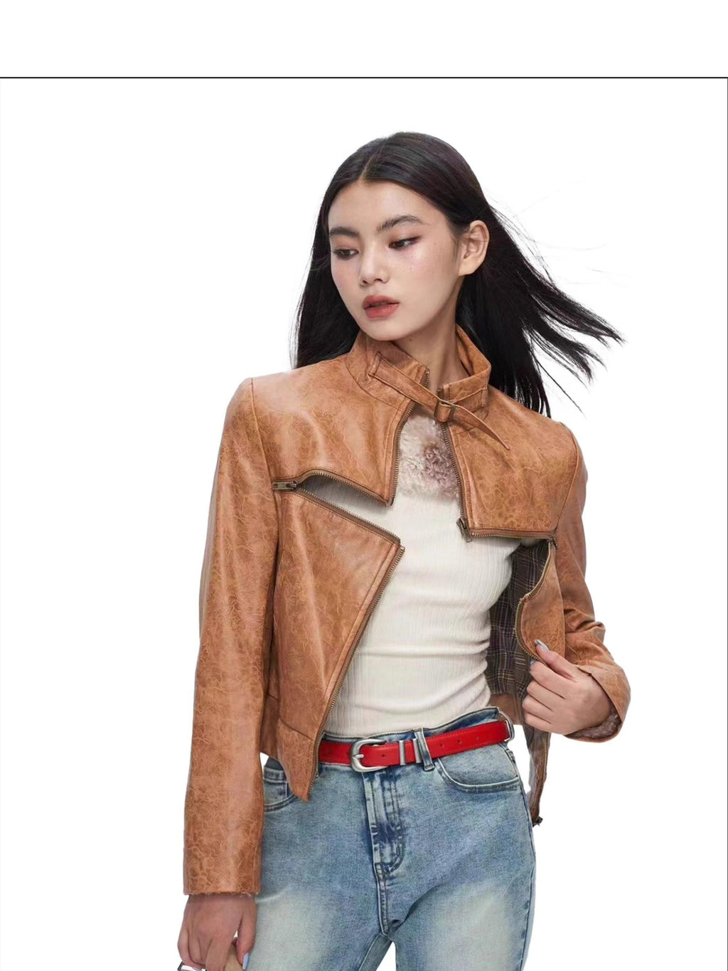 NextPassport MOF Brown Cross Zipper Cropped Slim Fit Women's Pu Leather Jackets