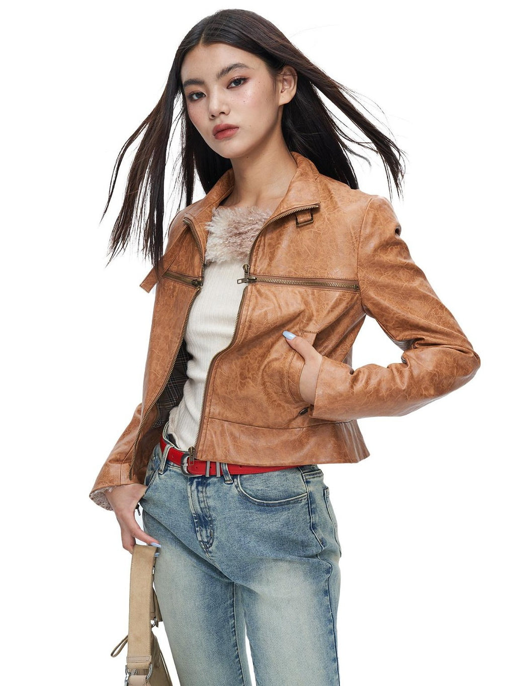 NextPassport MOF Brown Cross Zipper Cropped Slim Fit Women's Pu Leather Jackets