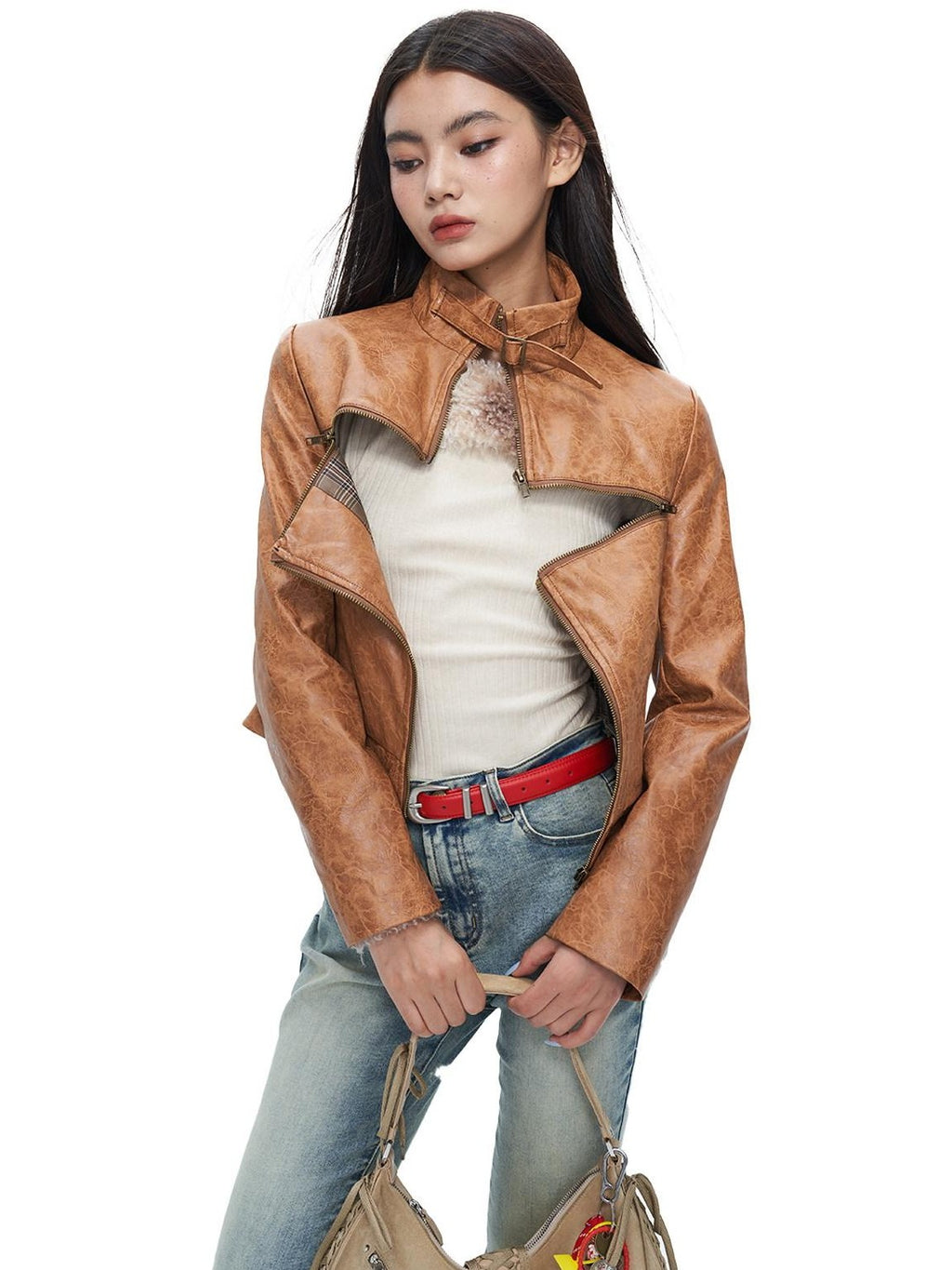 NextPassport MOF Brown Cross Zipper Cropped Slim Fit Women's Pu Leather Jackets