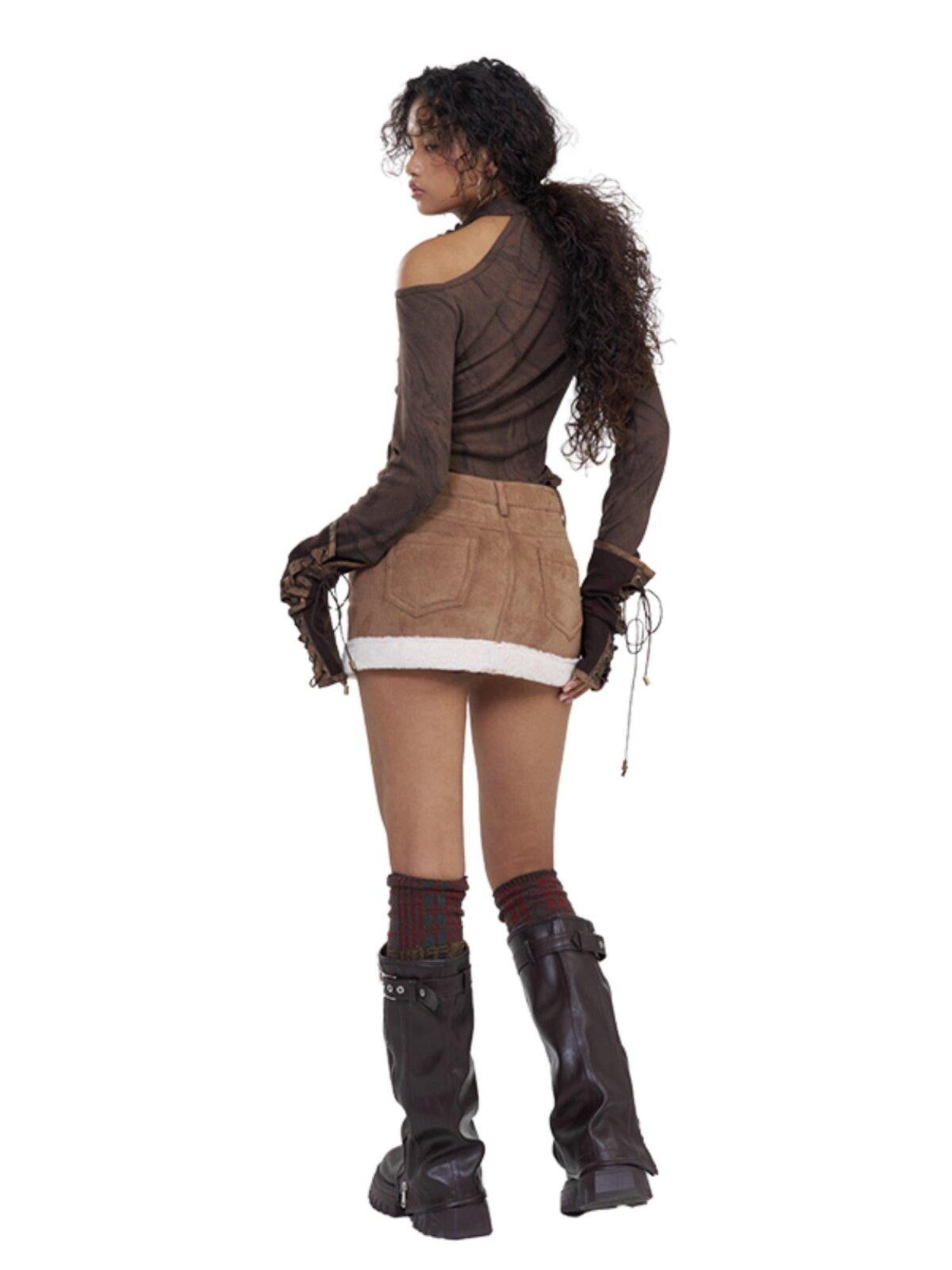 NextPassport MOF Brown Faux Fur Integrated A Line Women's Polyester Blend Mini Skirts