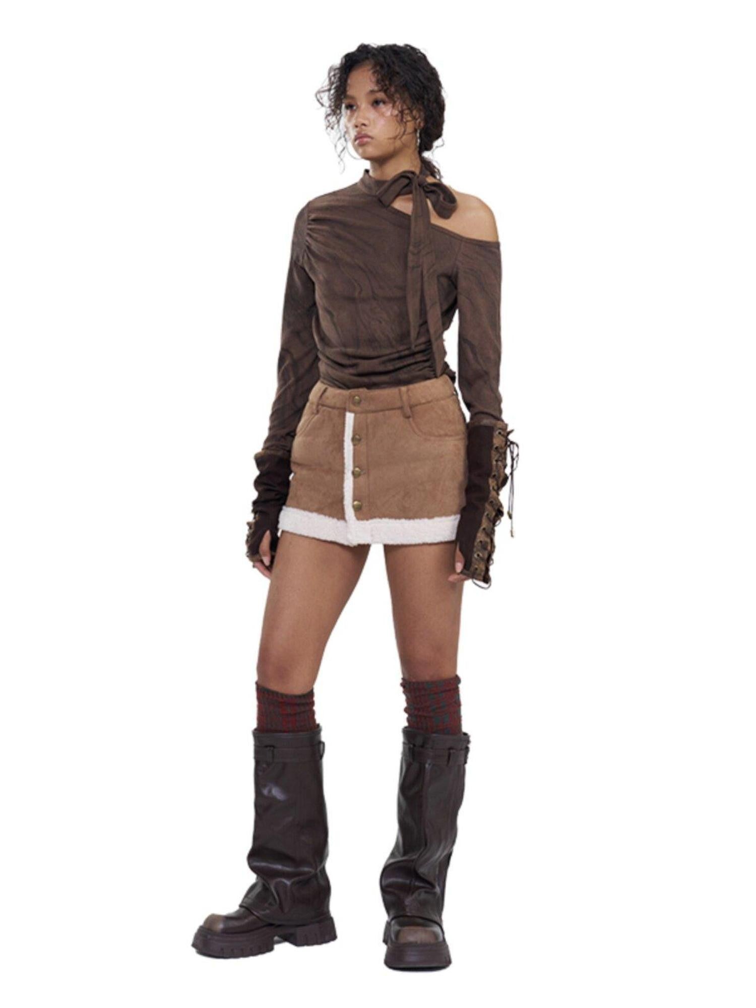 NextPassport MOF Brown Faux Fur Integrated A Line Women's Polyester Blend Mini Skirts