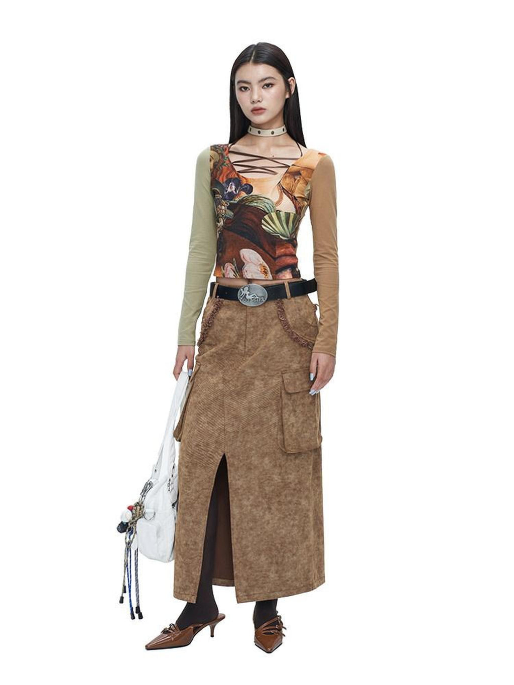 NextPassport MOF Brown Frayed Hem Slit Large Pockets Women's Cotton Denim Maxi Skirts