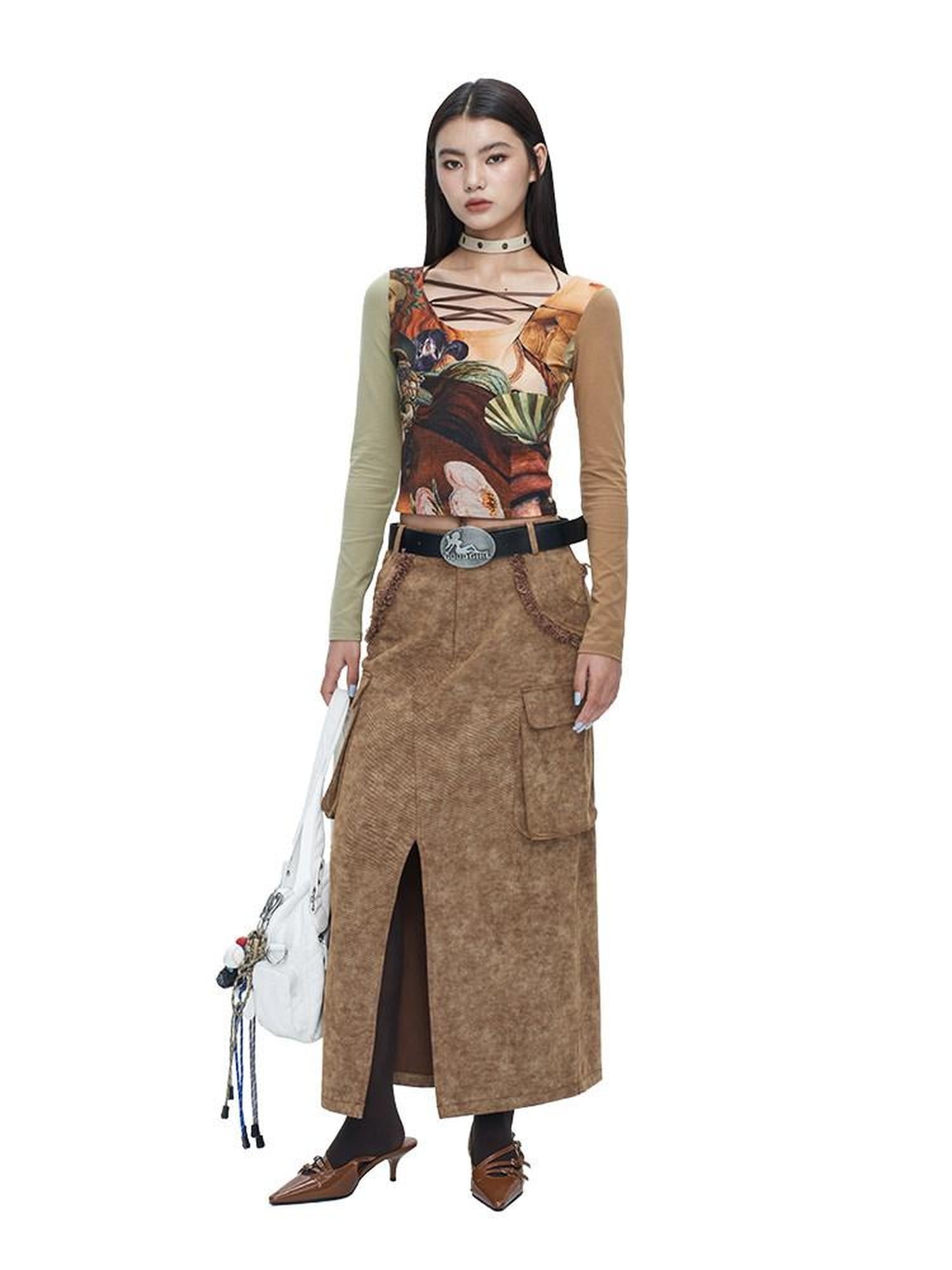 NextPassport MOF Brown Frayed Hem Slit Large Pockets Women's Cotton Denim Maxi Skirts