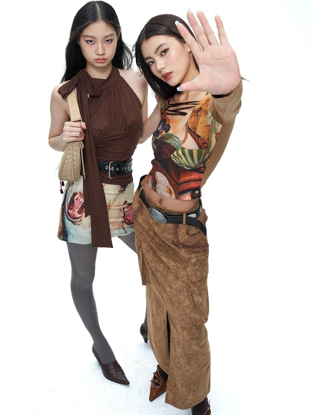 NextPassport MOF Brown Frayed Hem Slit Large Pockets Women's Cotton Denim Maxi Skirts