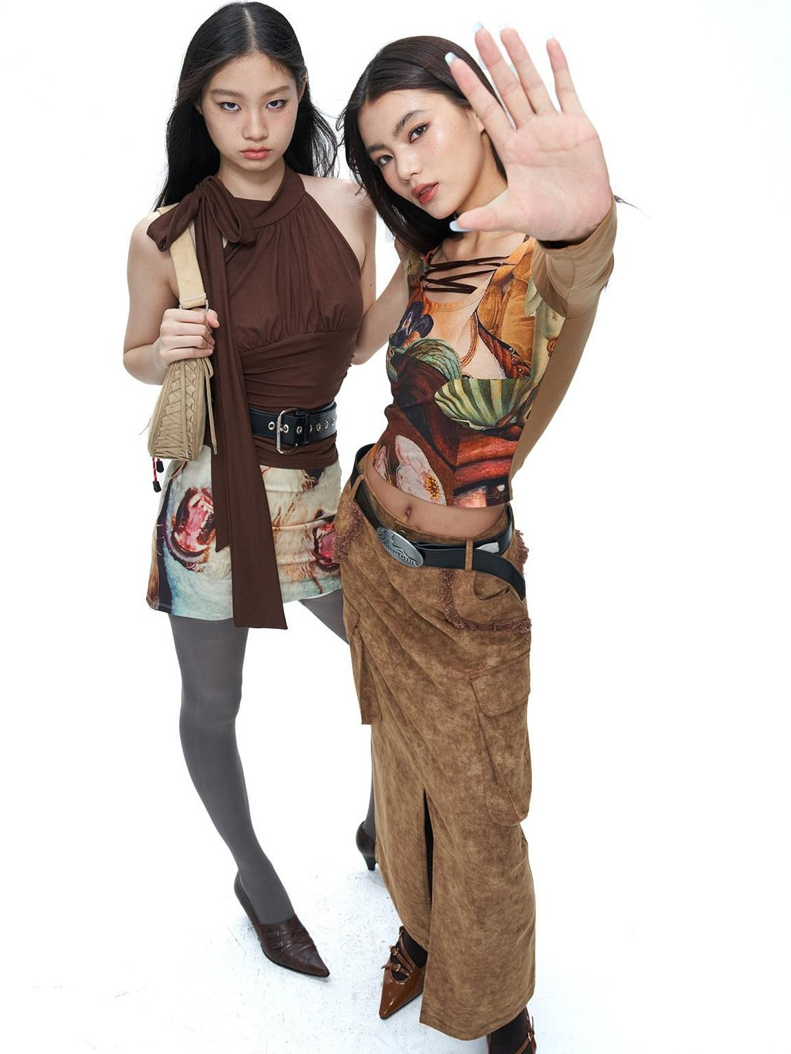 NextPassport MOF Brown Frayed Hem Slit Large Pockets Women's Cotton Denim Maxi Skirts