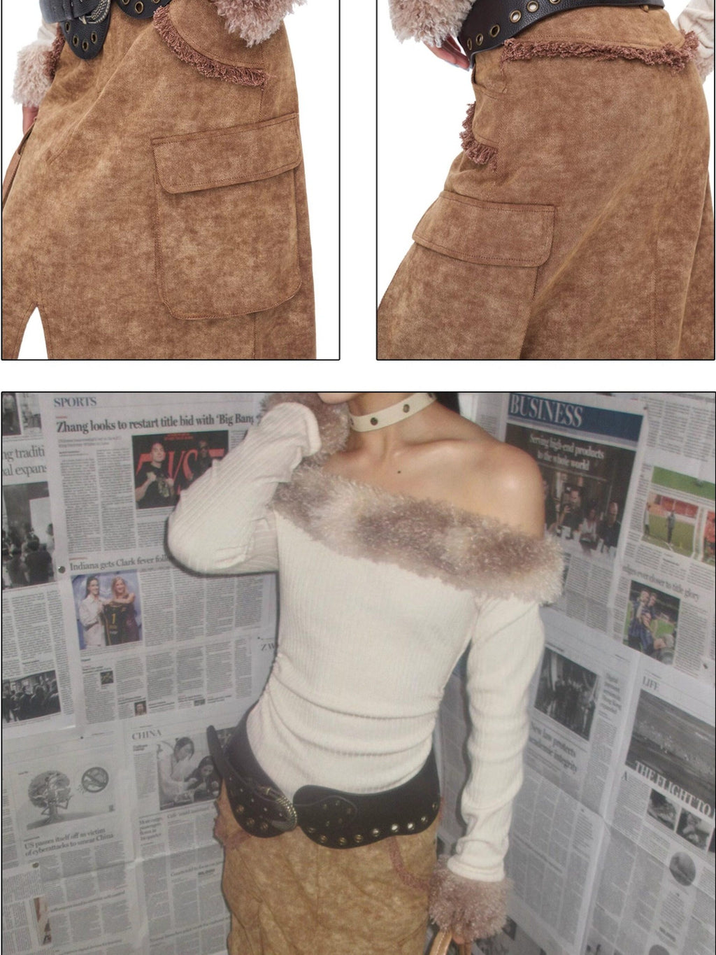 NextPassport MOF Brown Frayed Hem Slit Large Pockets Women's Cotton Denim Maxi Skirts