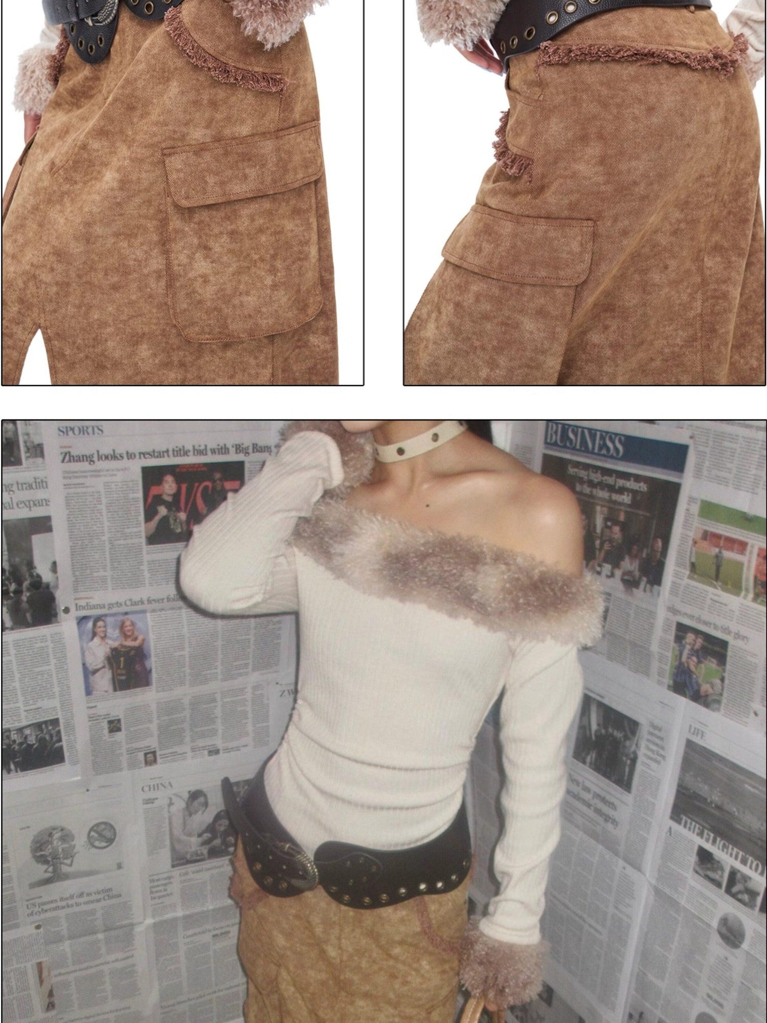NextPassport MOF Brown Frayed Hem Slit Large Pockets Women's Cotton Denim Maxi Skirts