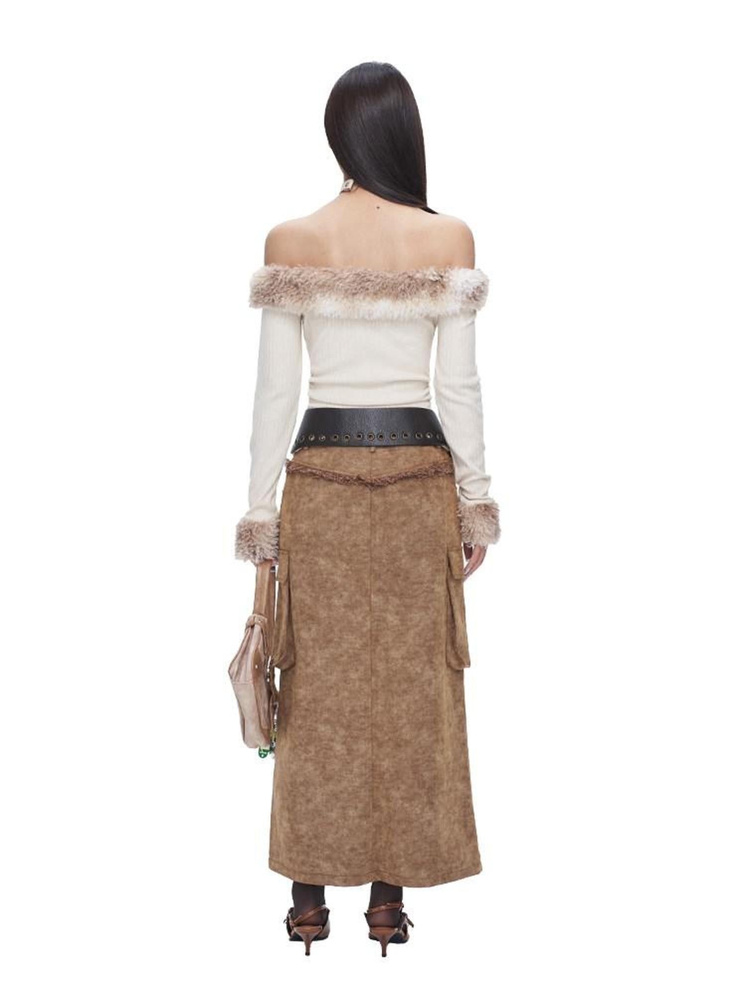 NextPassport MOF Brown Frayed Hem Slit Large Pockets Women's Cotton Denim Maxi Skirts