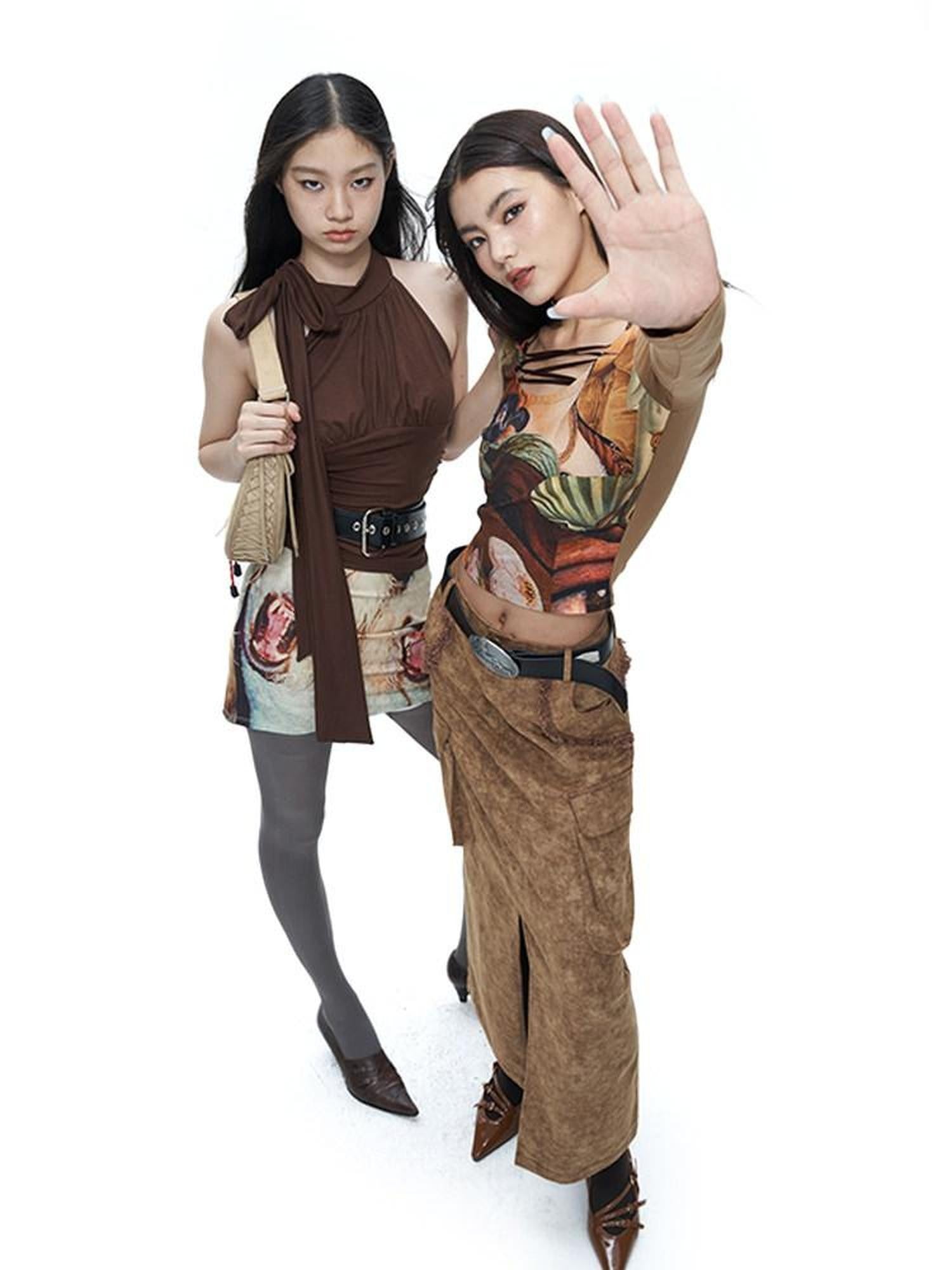 NextPassport MOF Brown Frayed Hem Slit Large Pockets Women's Cotton Denim Maxi Skirts