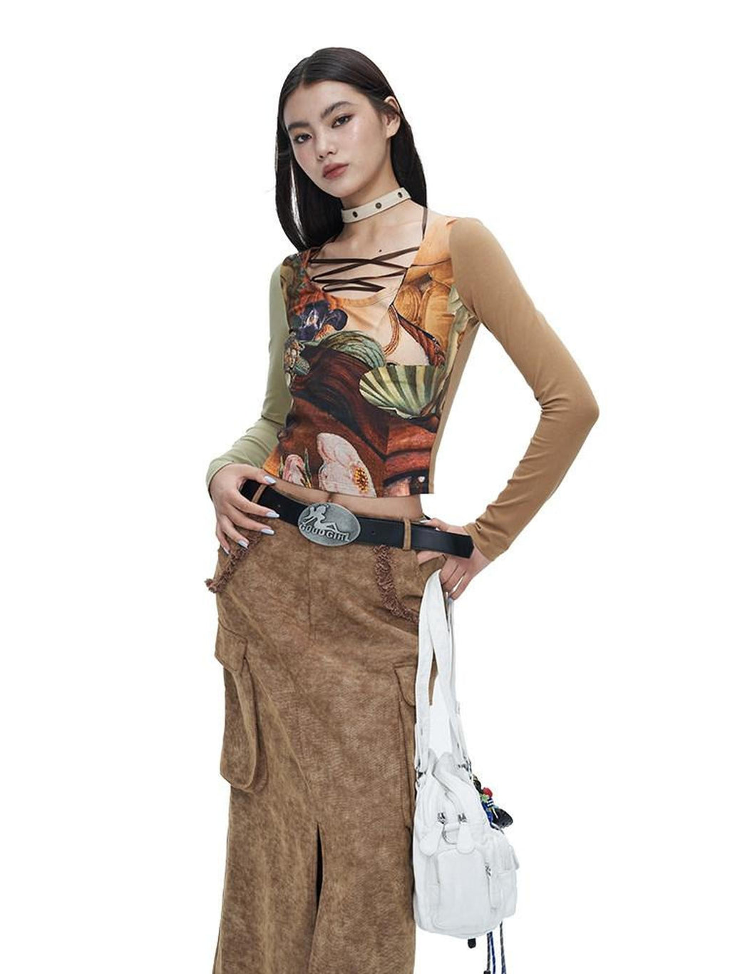 NextPassport MOF Brown Frayed Hem Slit Large Pockets Women's Cotton Denim Maxi Skirts