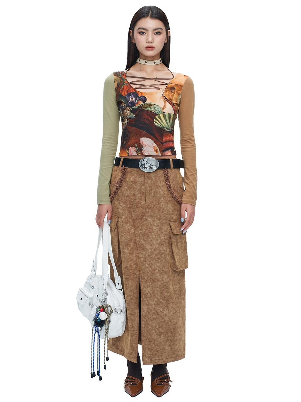 NextPassport MOF Brown Frayed Hem Slit Large Pockets Women's Cotton Denim Maxi Skirts