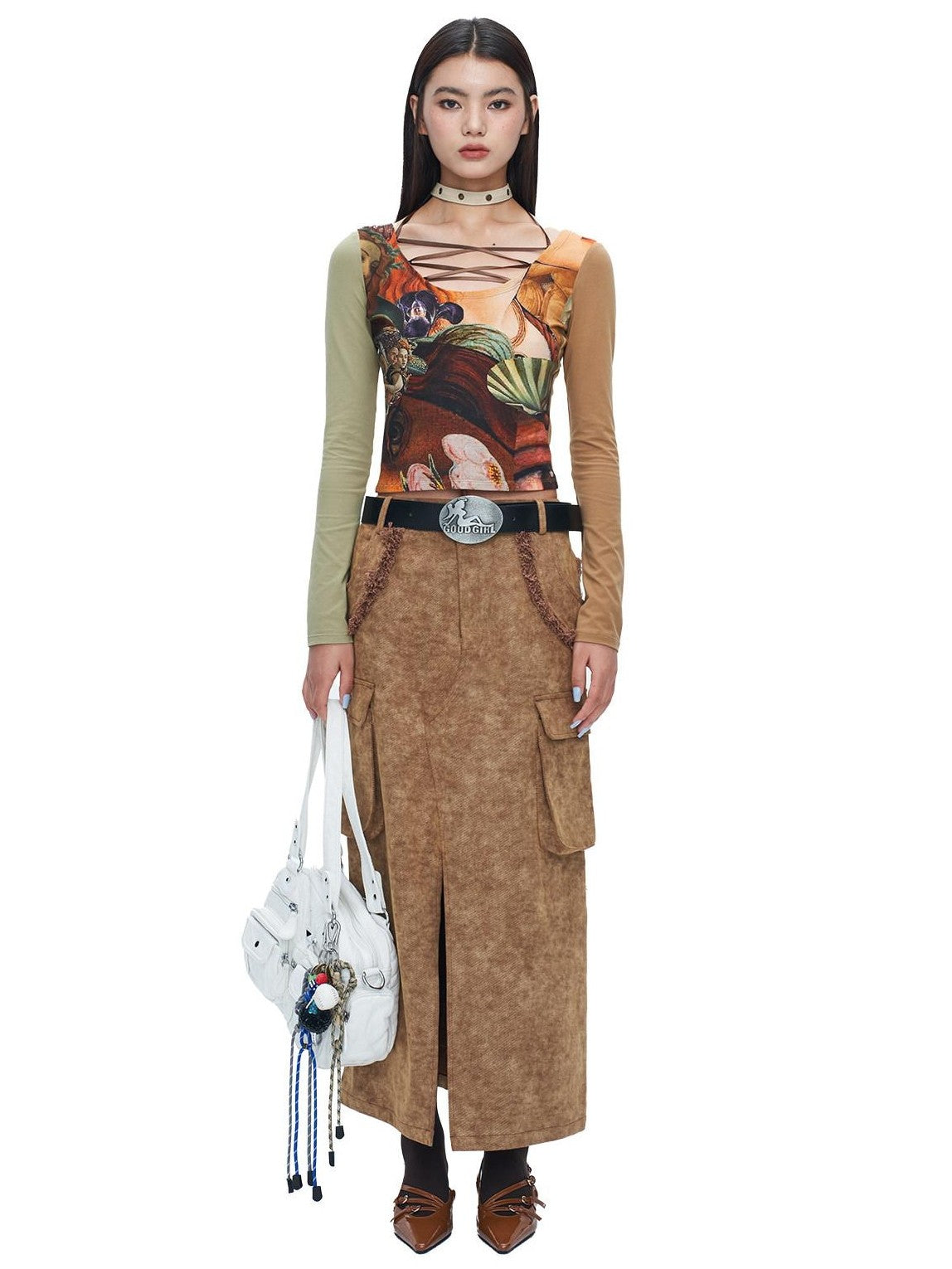 NextPassport MOF Brown Frayed Hem Slit Large Pockets Women's Cotton Denim Maxi Skirts