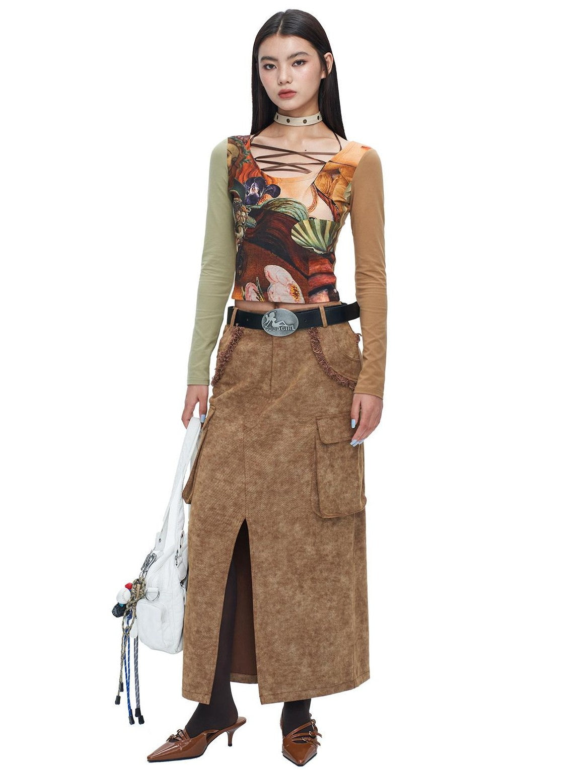 NextPassport MOF Brown Frayed Hem Slit Large Pockets Women's Cotton Denim Maxi Skirts