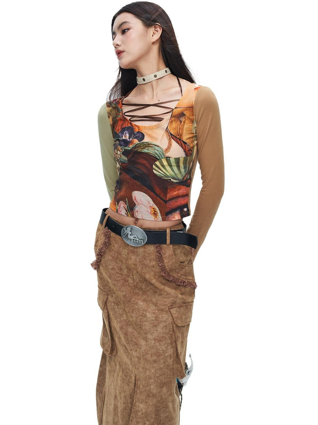 NextPassport MOF Brown Frayed Hem Slit Large Pockets Women's Cotton Denim Maxi Skirts