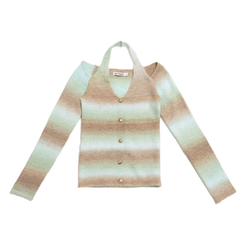 NextPassport_MOF_Brown_Green_Colorblock_Embroidered_Halter_Neck_Women's_Knit_Cardigans_884352189495_MISSTT
