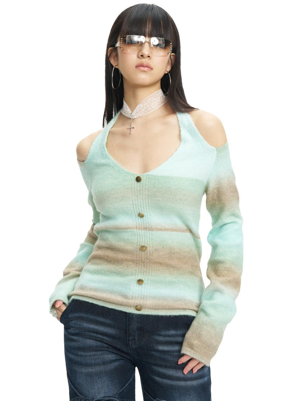 NextPassport MOF Brown Green Colorblock Embroidered Halter Neck Women's Knit Cardigans