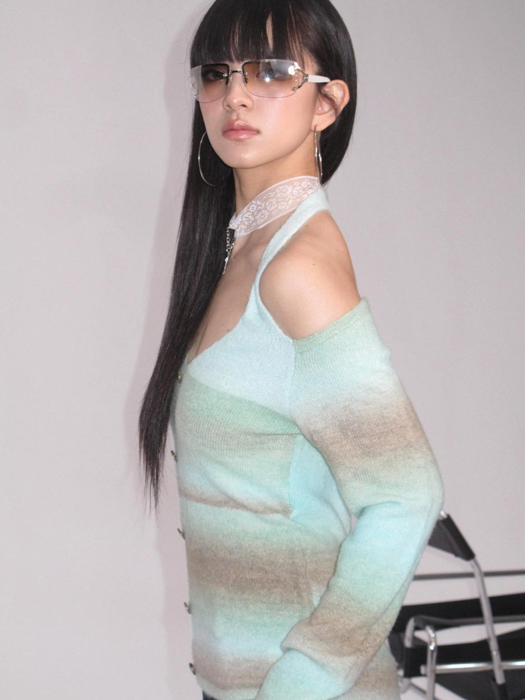 NextPassport MOF Brown Green Colorblock Embroidered Halter Neck Women's Knit Cardigans
