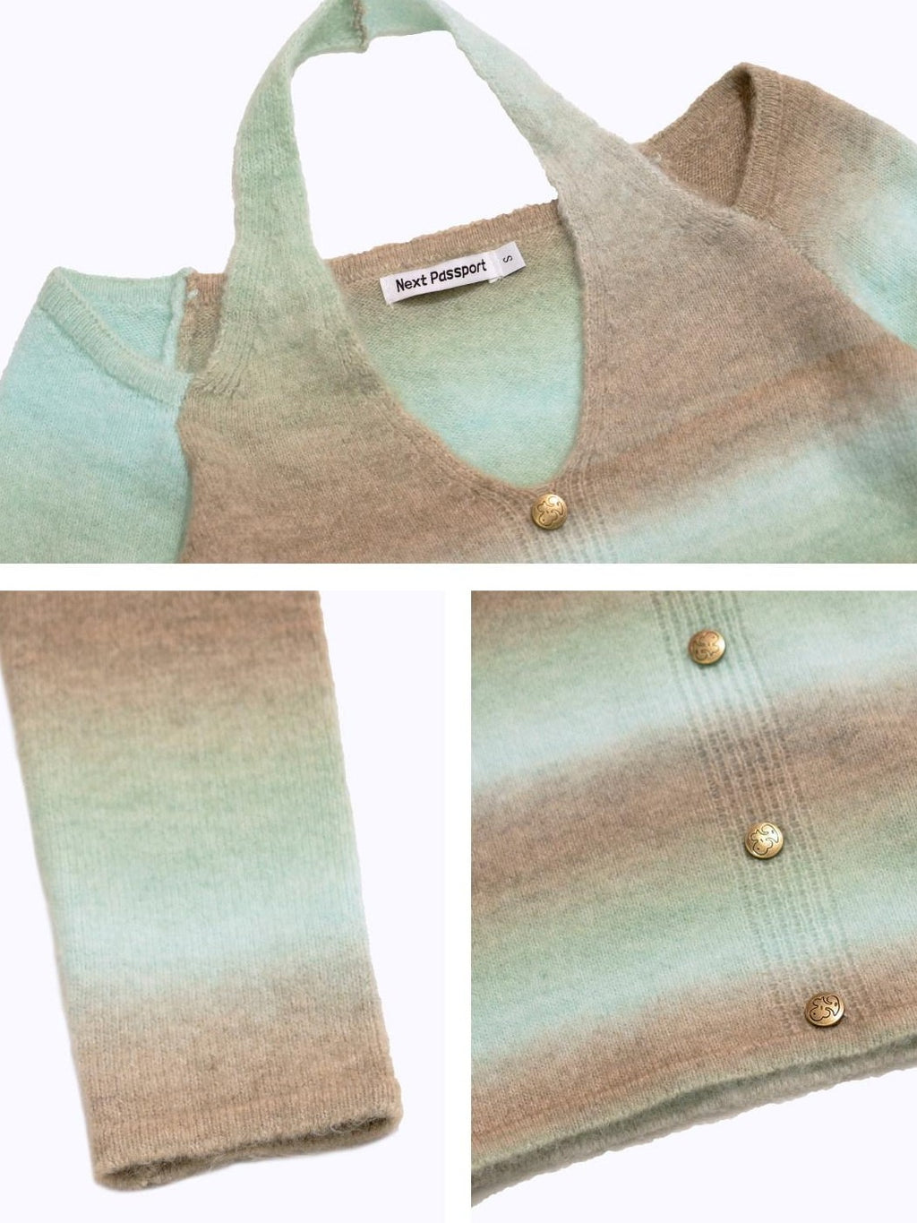 NextPassport MOF Brown Green Colorblock Embroidered Halter Neck Women's Knit Cardigans