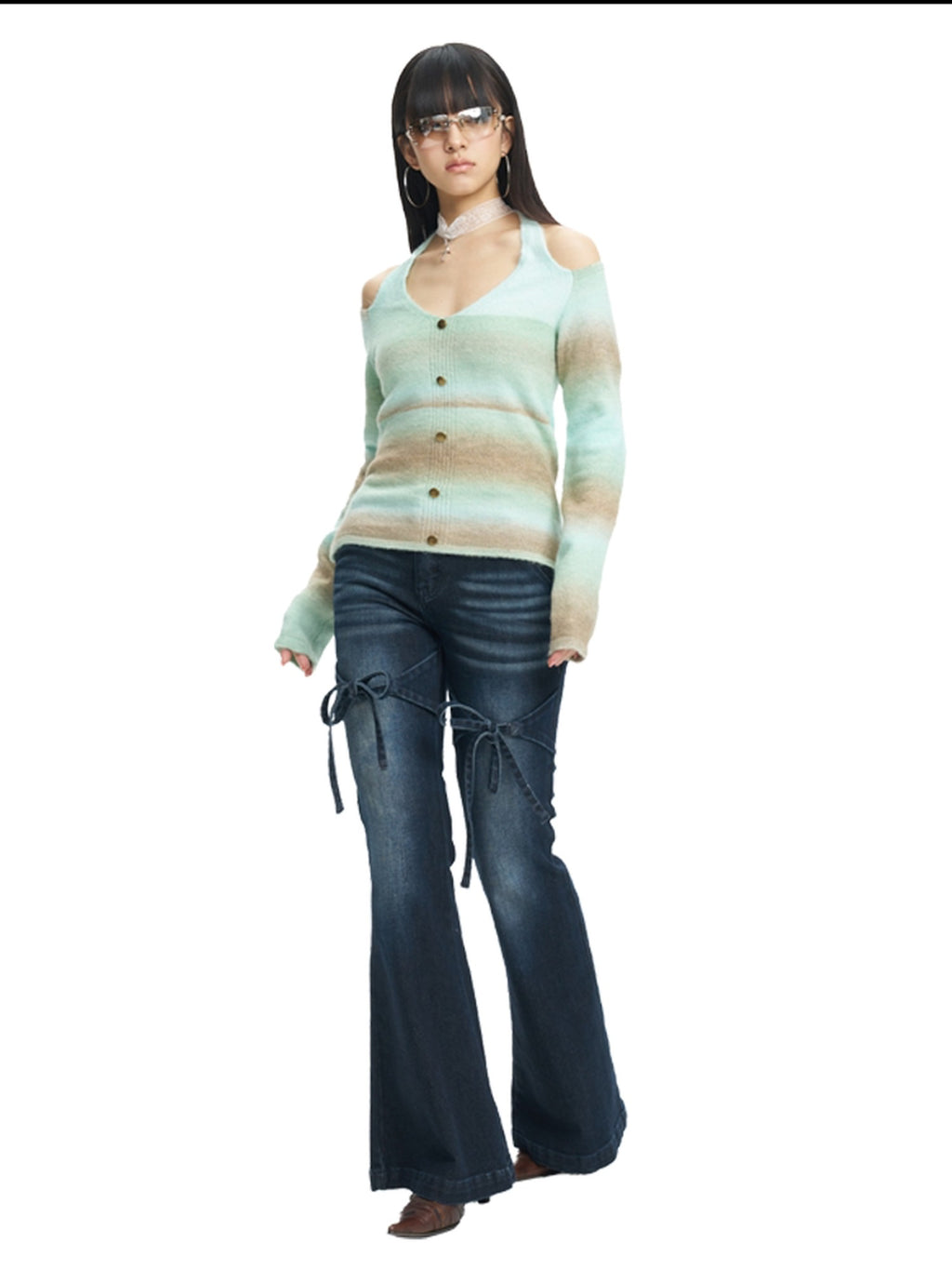 NextPassport MOF Brown Green Colorblock Embroidered Halter Neck Women's Knit Cardigans