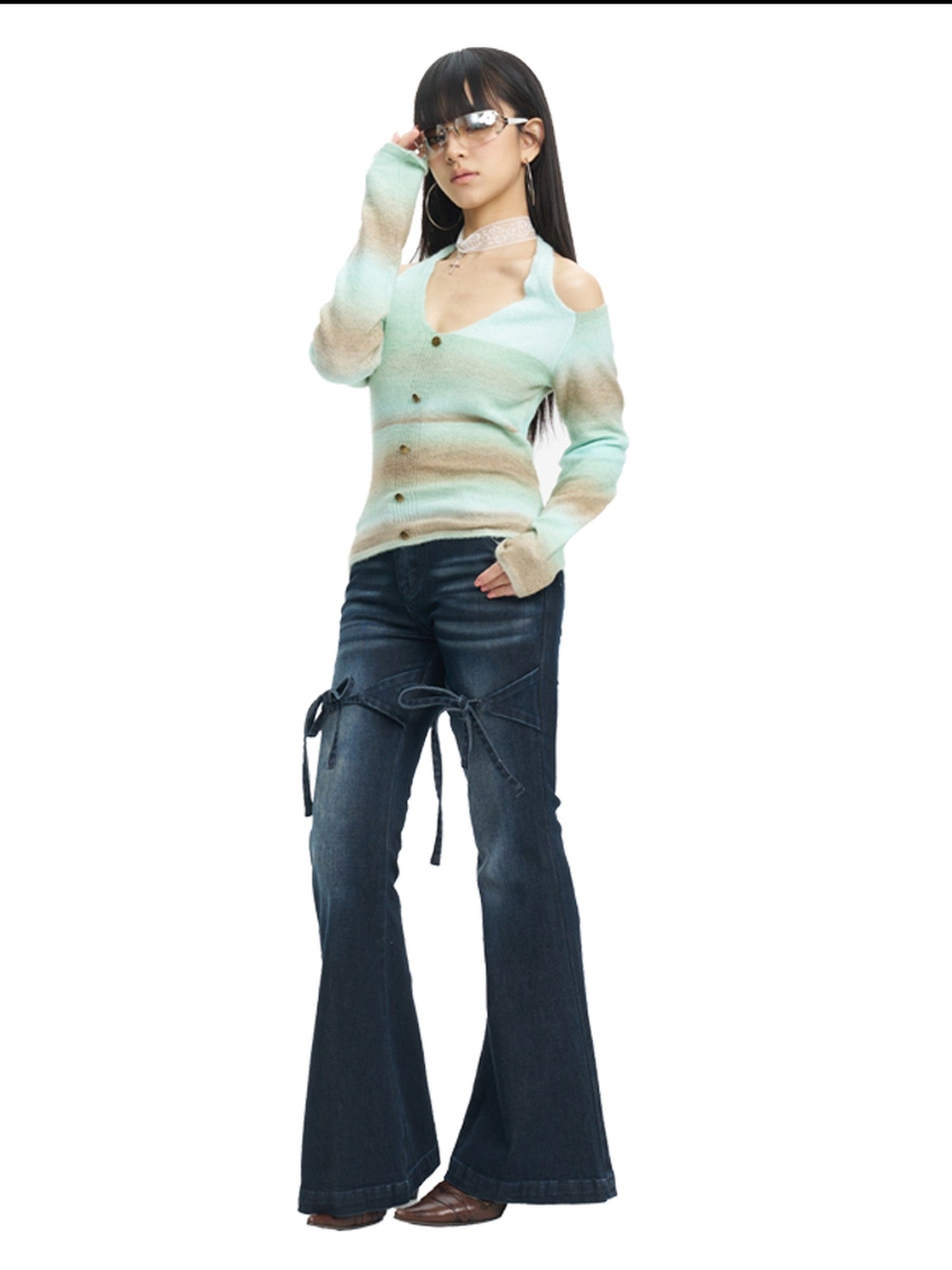 NextPassport MOF Brown Green Colorblock Embroidered Halter Neck Women's Knit Cardigans