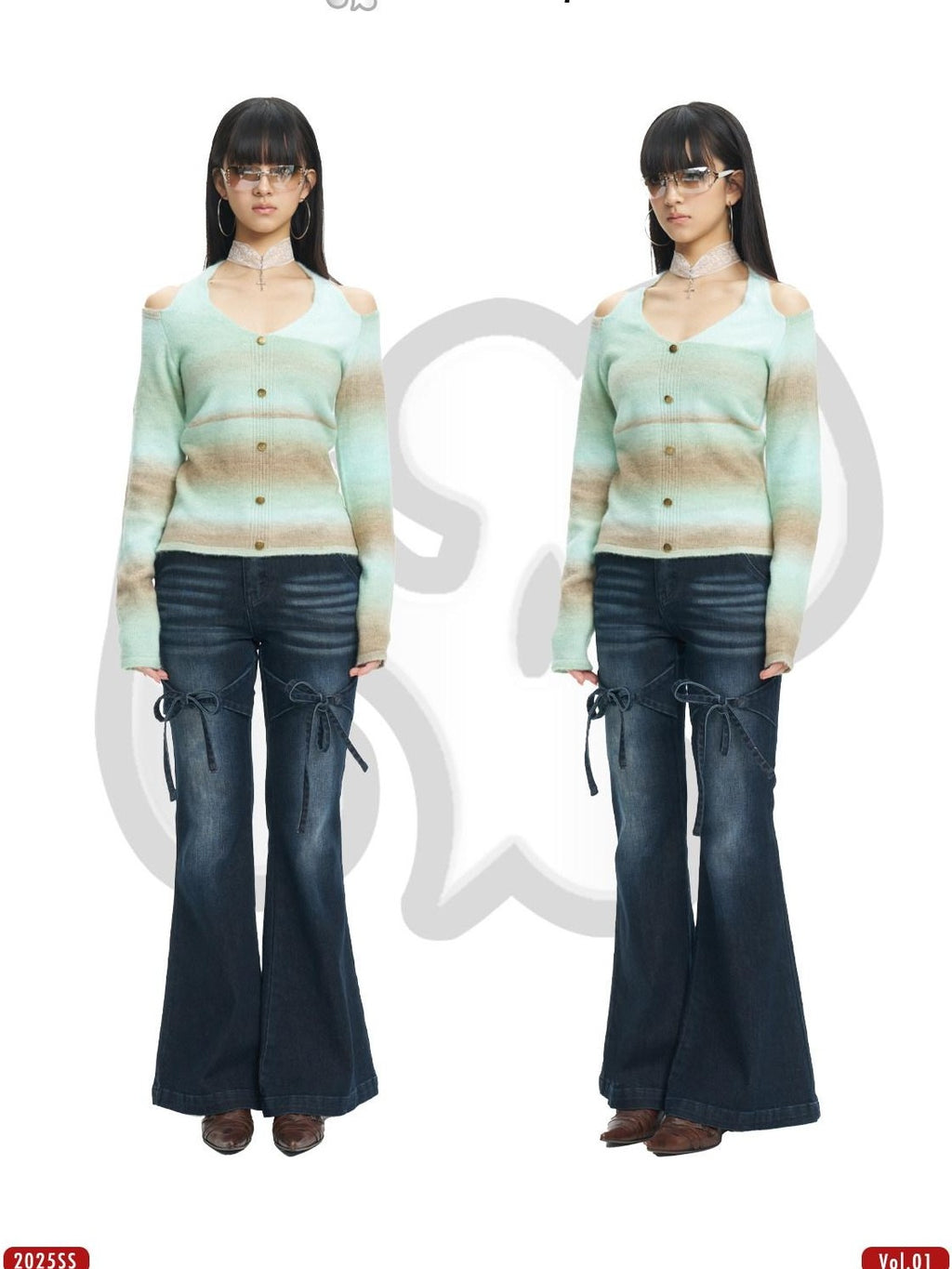 NextPassport MOF Brown Green Colorblock Embroidered Halter Neck Women's Knit Cardigans