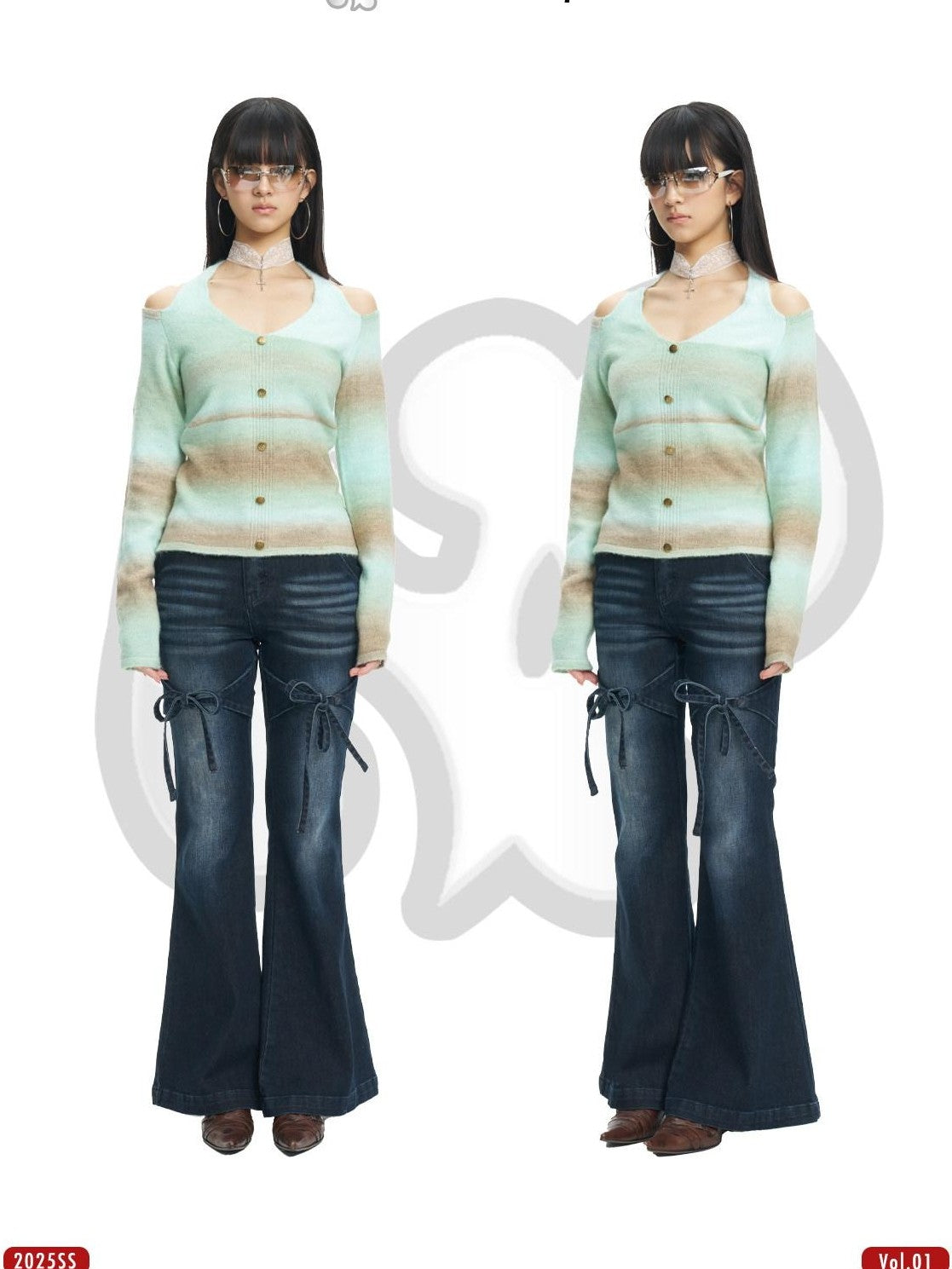 NextPassport MOF Brown Green Colorblock Embroidered Halter Neck Women's Knit Cardigans