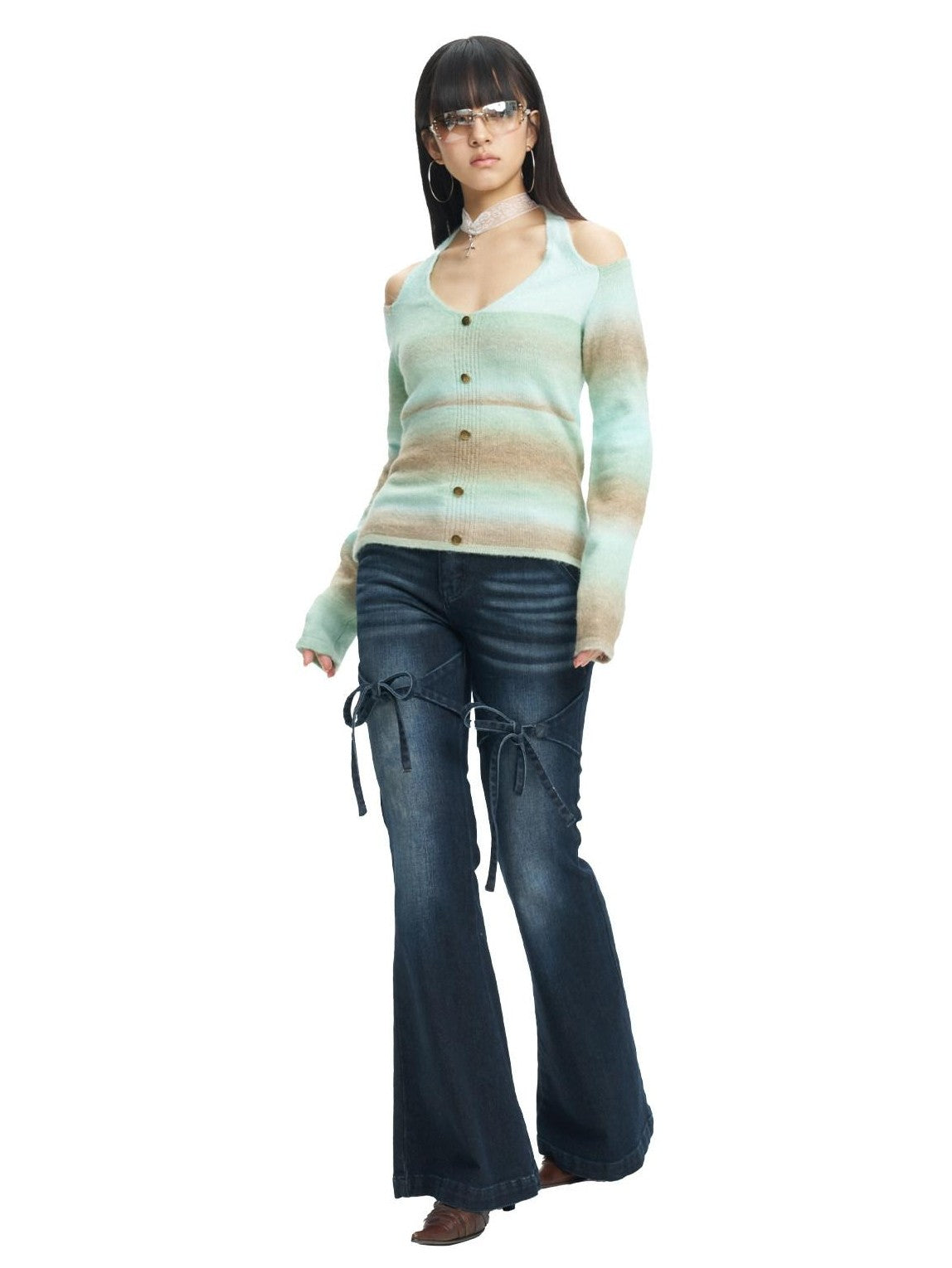 NextPassport MOF Brown Green Colorblock Embroidered Halter Neck Women's Knit Cardigans
