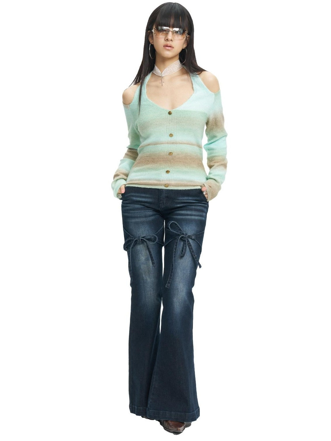 NextPassport MOF Brown Green Colorblock Embroidered Halter Neck Women's Knit Cardigans