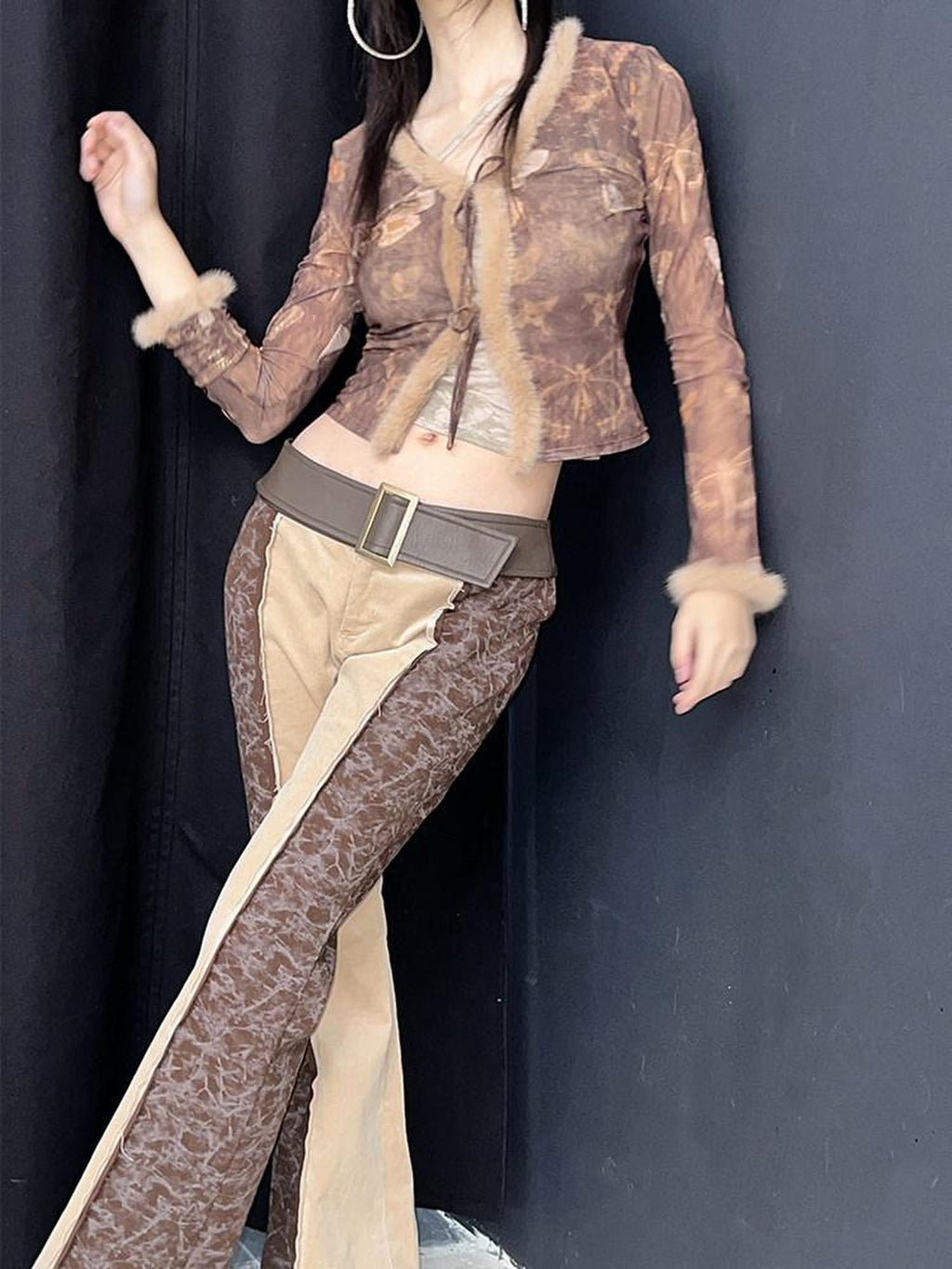NextPassport MOF Brown Khaki Colorblock Leather Belt Knit Women's Cotton Stretch Flare Pants
