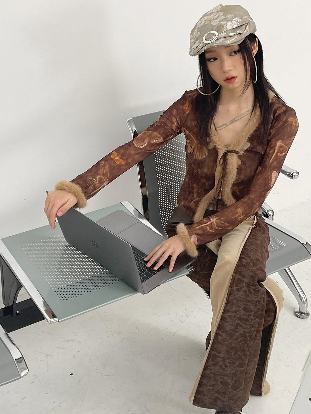 NextPassport MOF Brown Khaki Colorblock Leather Belt Knit Women's Cotton Stretch Flare Pants