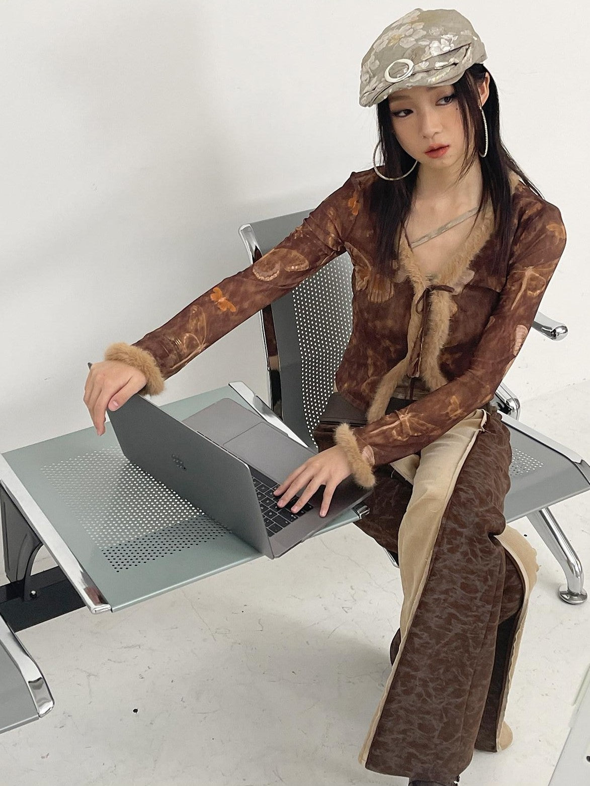 NextPassport MOF Brown Khaki Colorblock Leather Belt Knit Women's Cotton Stretch Flare Pants