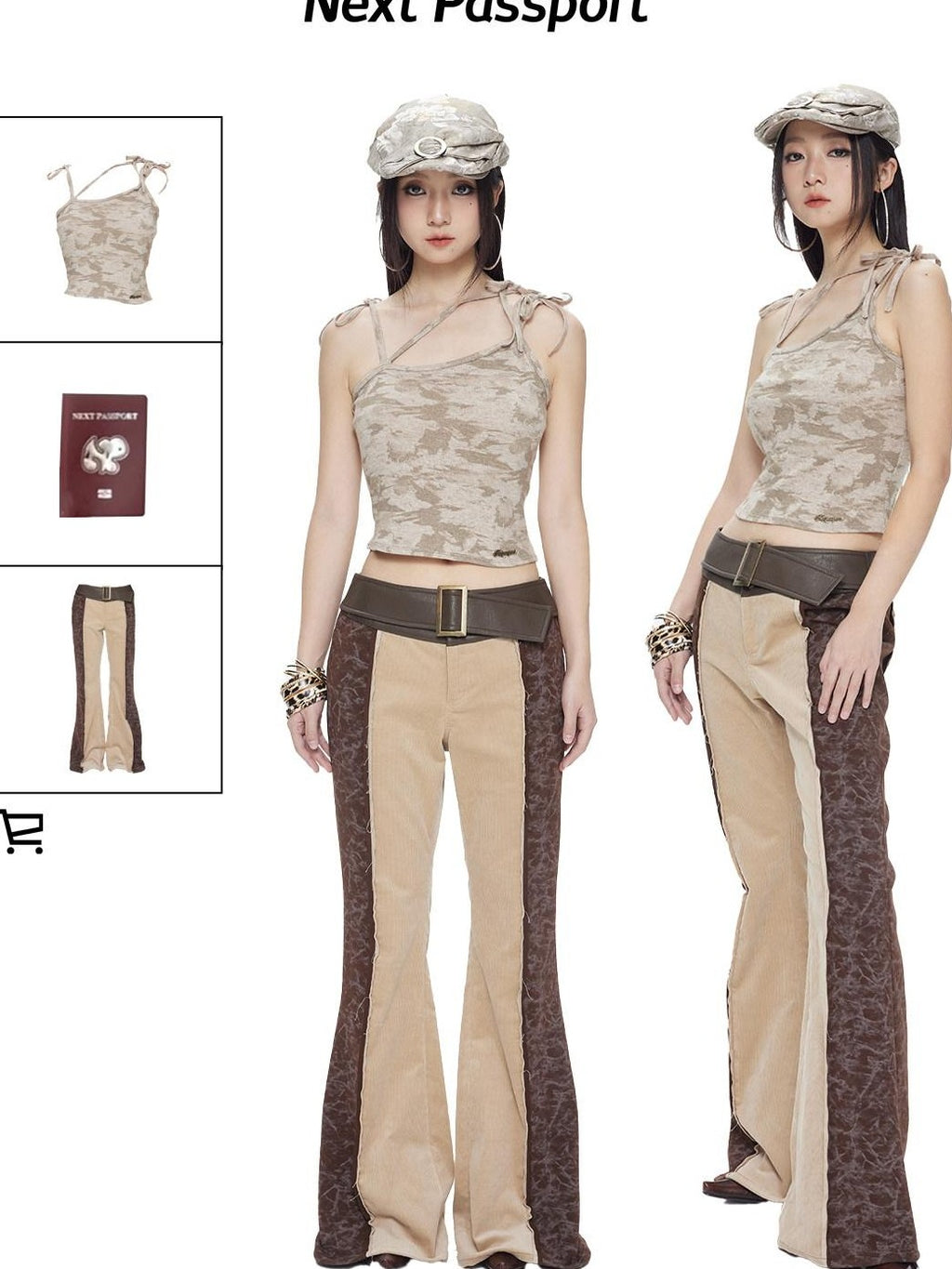 NextPassport MOF Brown Khaki Colorblock Leather Belt Knit Women's Cotton Stretch Flare Pants