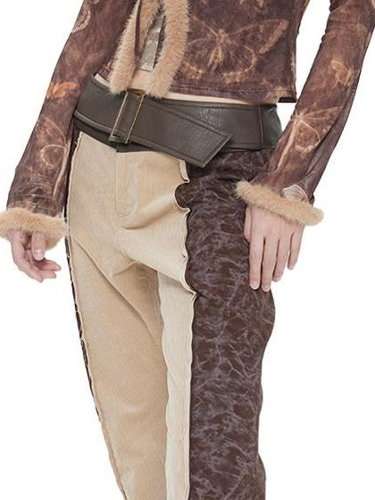 NextPassport MOF Brown Khaki Colorblock Leather Belt Knit Women's Cotton Stretch Flare Pants