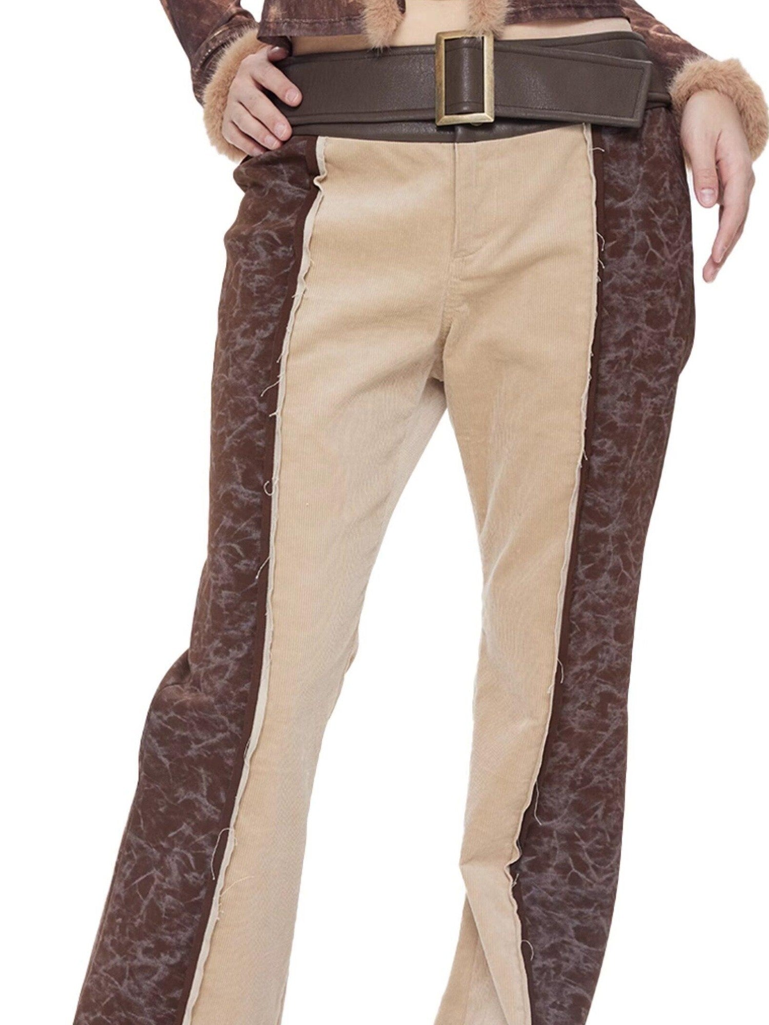 NextPassport MOF Brown Khaki Colorblock Leather Belt Knit Women's Cotton Stretch Flare Pants