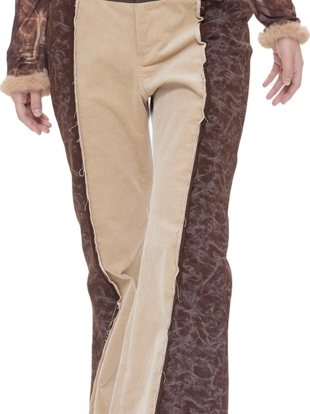 NextPassport MOF Brown Khaki Colorblock Leather Belt Knit Women's Cotton Stretch Flare Pants