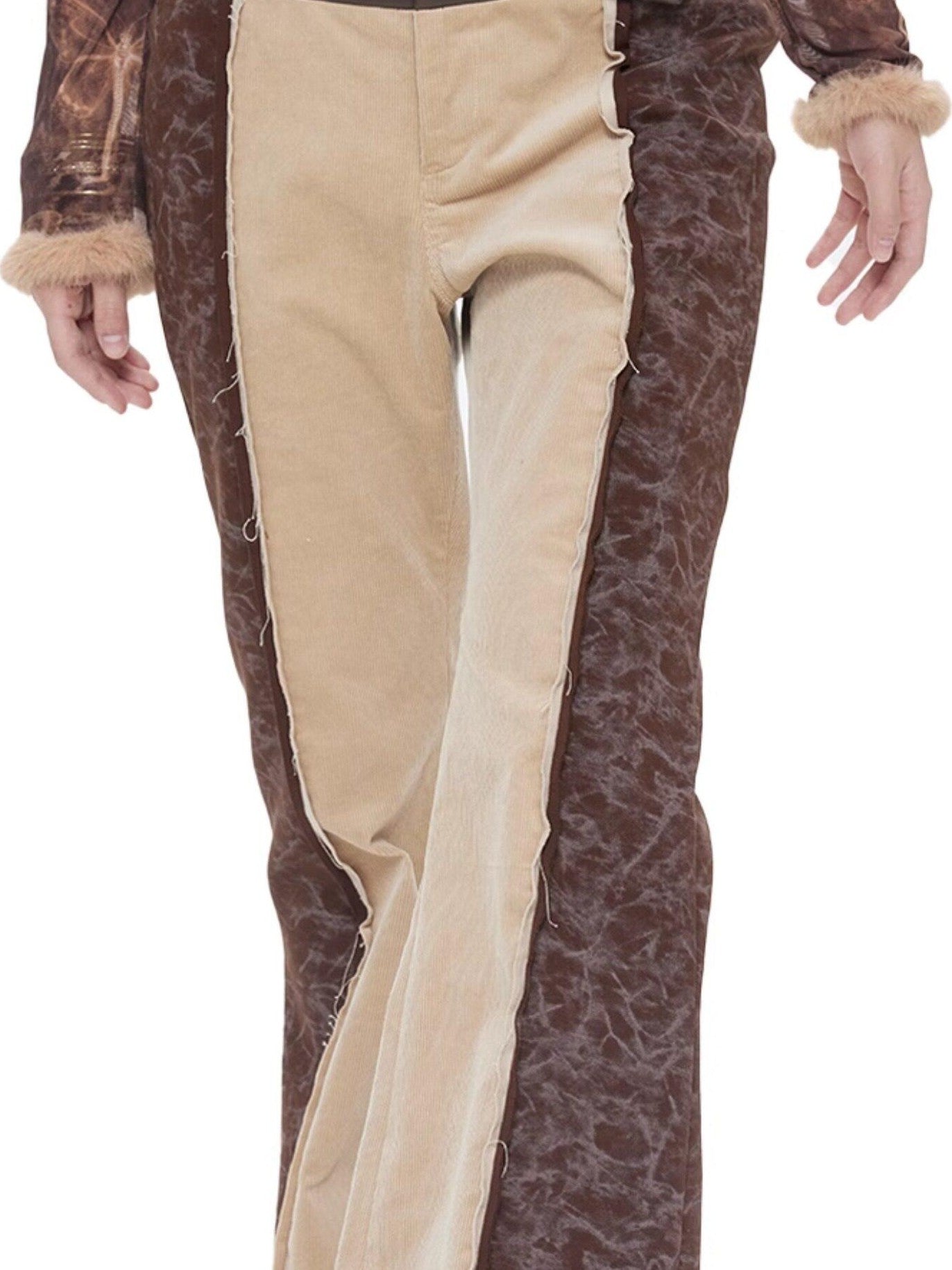 NextPassport MOF Brown Khaki Colorblock Leather Belt Knit Women's Cotton Stretch Flare Pants