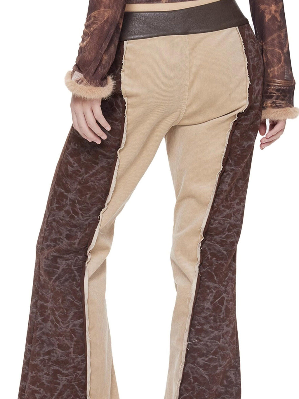 NextPassport MOF Brown Khaki Colorblock Leather Belt Knit Women's Cotton Stretch Flare Pants