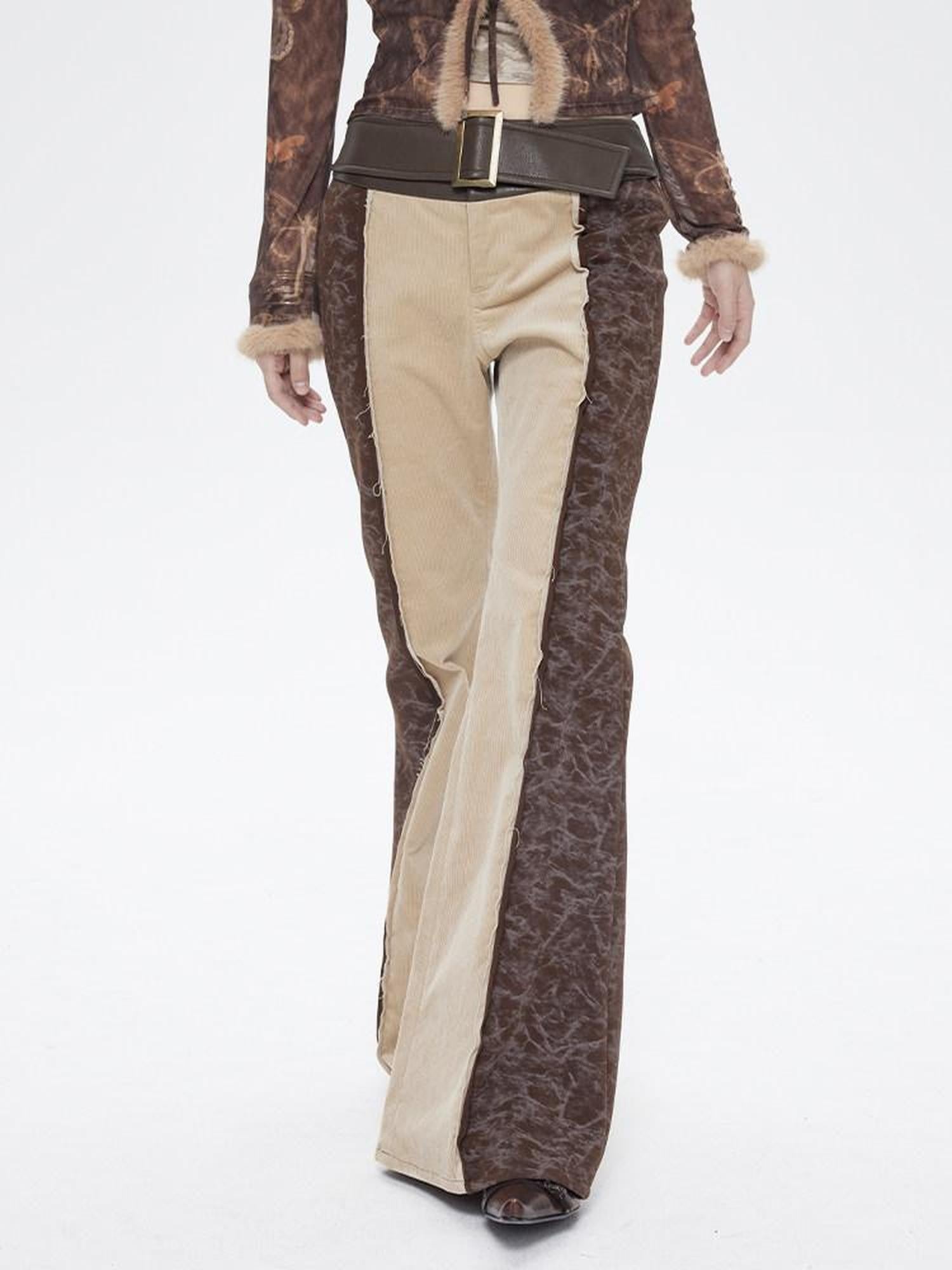NextPassport MOF Brown Khaki Colorblock Leather Belt Knit Women's Cotton Stretch Flare Pants