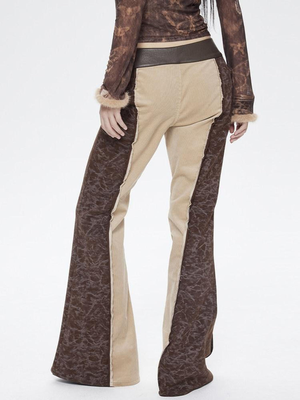 NextPassport MOF Brown Khaki Colorblock Leather Belt Knit Women's Cotton Stretch Flare Pants