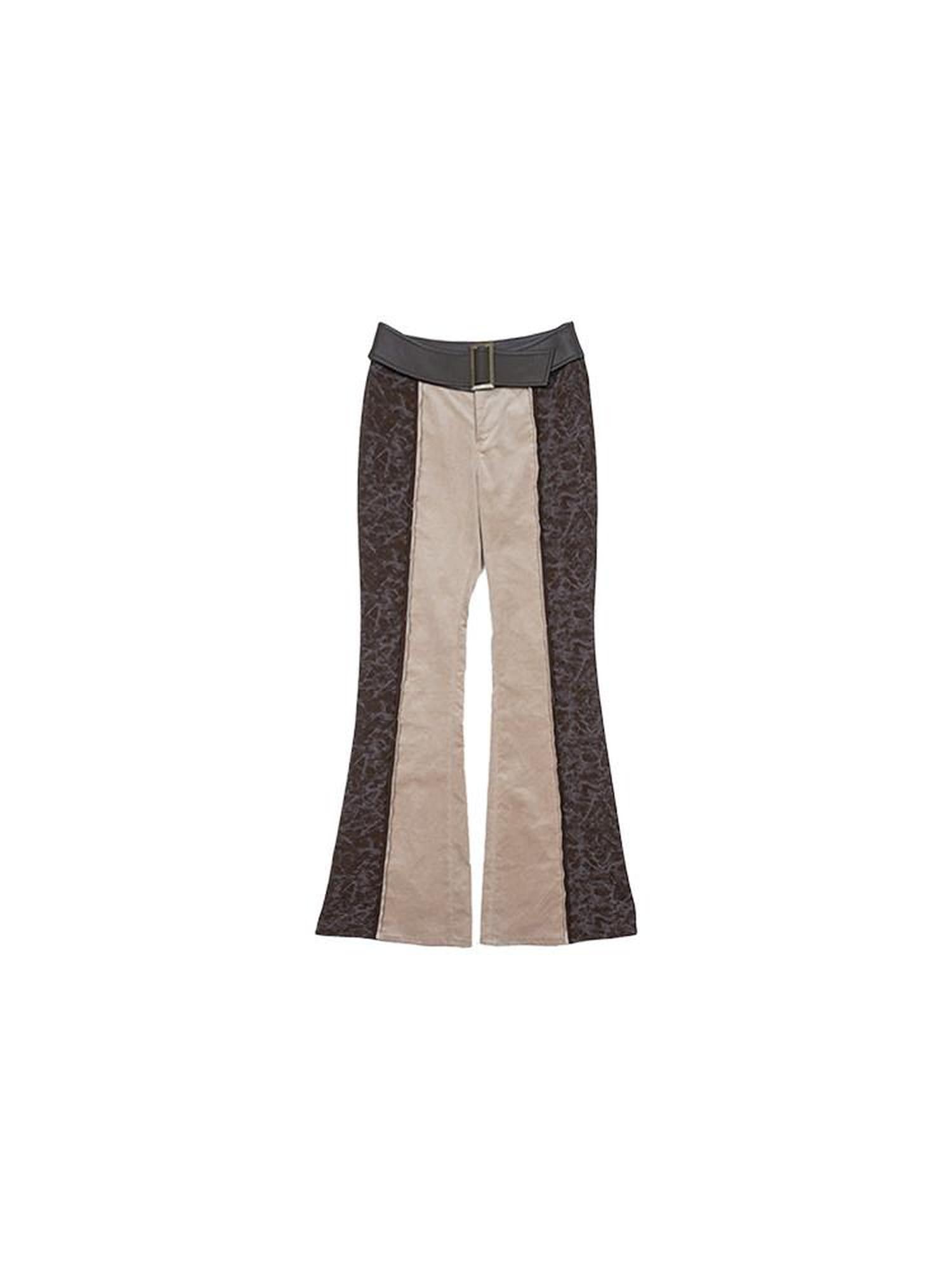 NextPassport MOF Brown Khaki Colorblock Leather Belt Knit Women's Cotton Stretch Flare Pants