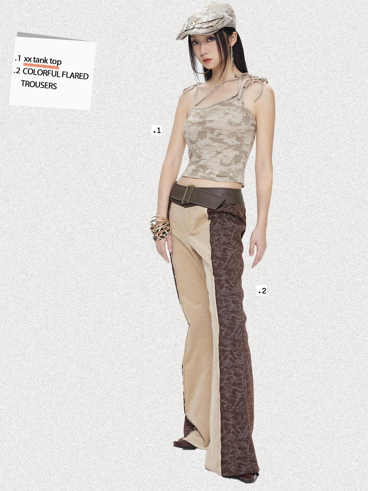NextPassport MOF Brown Khaki Colorblock Leather Belt Knit Women's Cotton Stretch Flare Pants