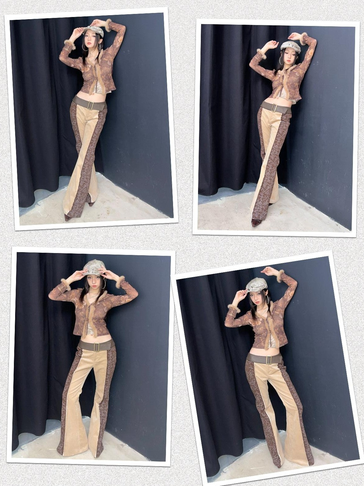 NextPassport MOF Brown Khaki Colorblock Leather Belt Knit Women's Cotton Stretch Flare Pants