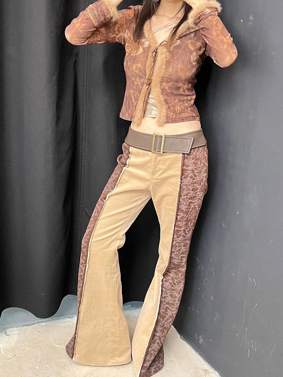 NextPassport MOF Brown Khaki Colorblock Leather Belt Knit Women's Cotton Stretch Flare Pants