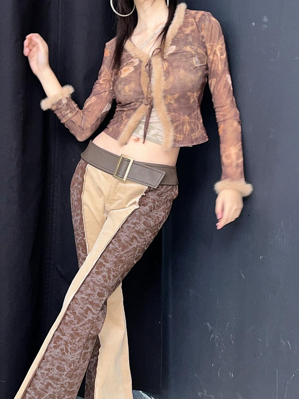 NextPassport MOF Brown Khaki Colorblock Leather Belt Knit Women's Cotton Stretch Flare Pants