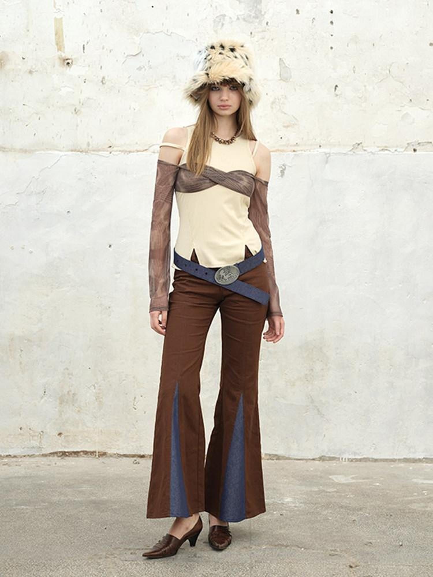 NextPassport MOF Brown Mesh Faux Two Piece Bustier Women's Tulle Off-shoulder T-shirts