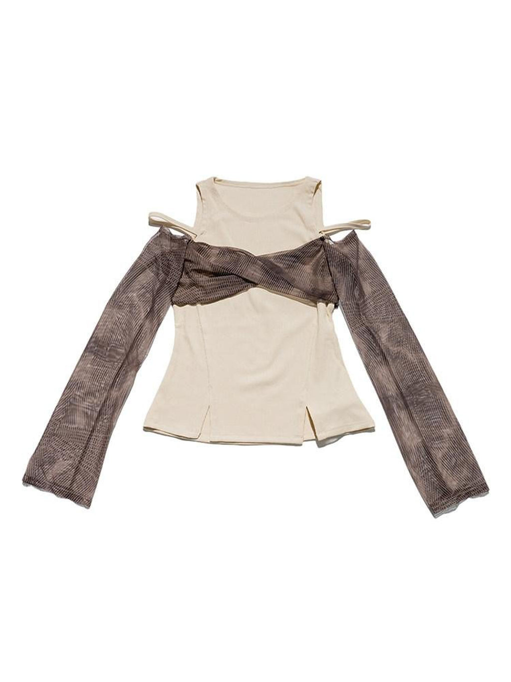 NextPassport MOF Brown Mesh Faux Two Piece Bustier Women's Tulle Off-shoulder T-shirts