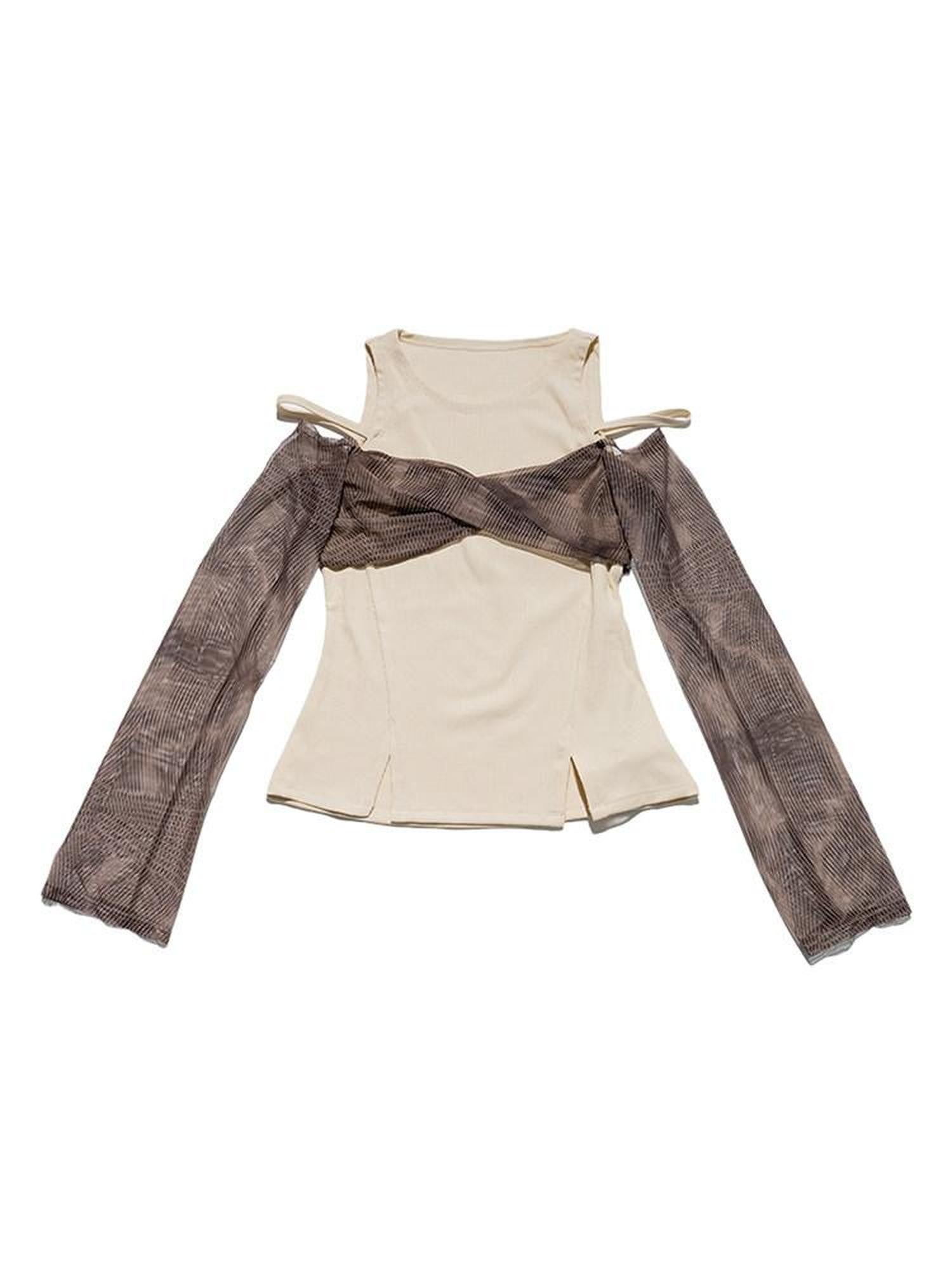 NextPassport MOF Brown Mesh Faux Two Piece Bustier Women's Tulle Off-shoulder T-shirts